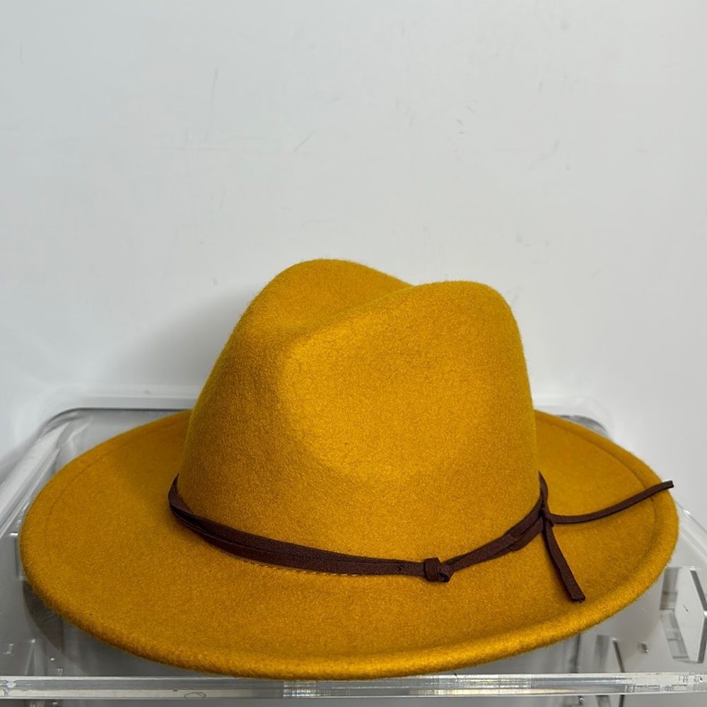 Womens Mustard Wool Fedora Hat with Brown Band